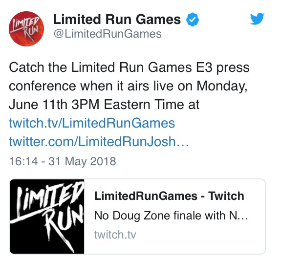 limited run games press conference e3 2018 twitter